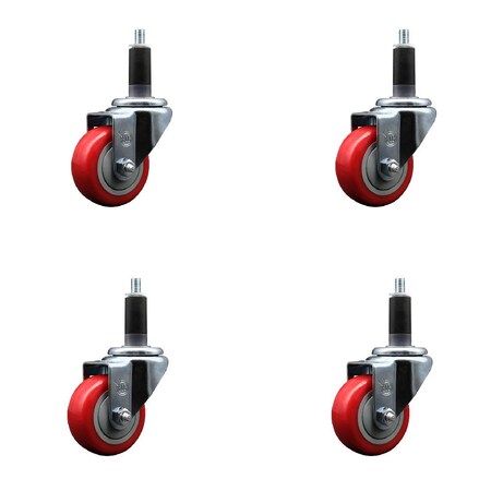 Service Caster 3'' Red Poly Wheel Swivel 1-1/8'' Expanding Stem Caster Set, 4PK SCC-EX20S314-PPUB-RED-118-4